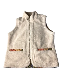 Orvis Beige Heavy Sherpa Fleece Tapestry Trimmed Full Zip Vest Women's Medium - Picture 1 of 13