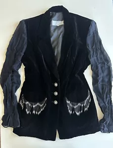 Vtg Dorothy Schoelen Black Velour Silk Beaded Tassels Sheer Sleeves Jacket Sz L - Picture 1 of 15