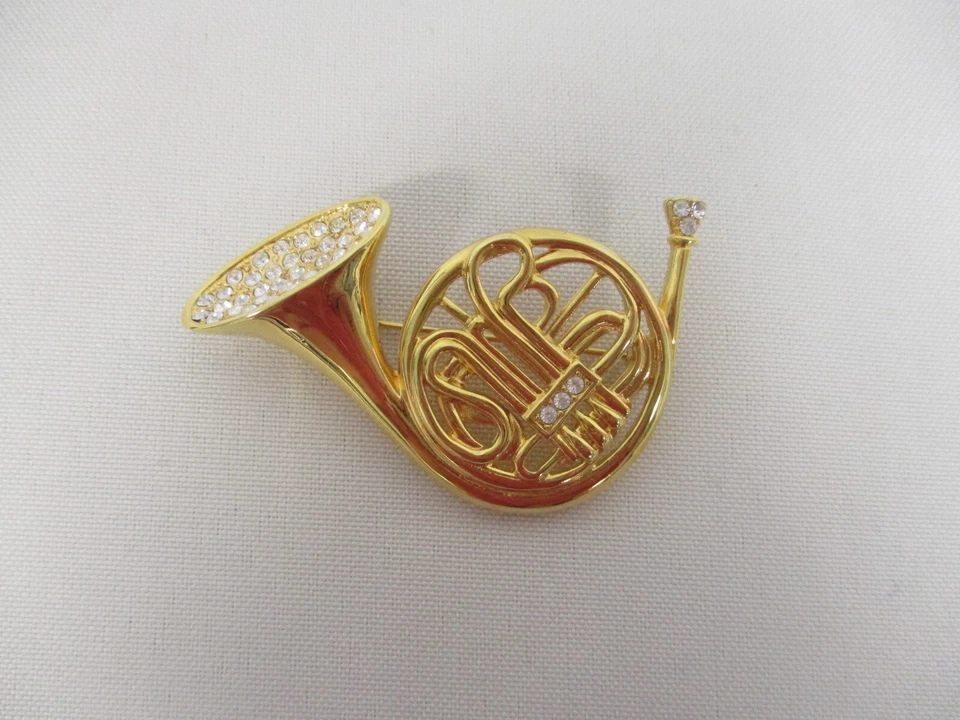 ПОДПИСАННЫЙ KENNETH JAY LANE ЗОЛОТИСТЫЙ ФРАНЦУЗСКИЙ РОЖОК с БЛЕСТЯЩИМИ КРИСТАЛЛАМИ БРОШЬ - Изображение 1 из 4