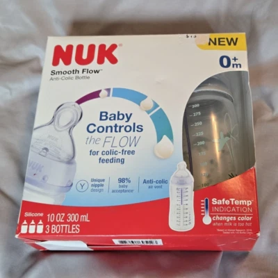 NUK Bottles 0 Month+ Smooth Flow Anti Colic 10 Oz 3 Pack Blue Design NEW - Image 1 of 4