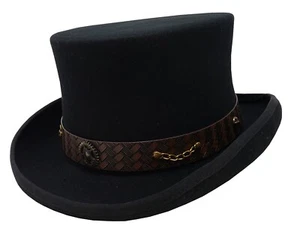 Victorian Western Steampunk Men Top Hat with Leather Band and Chain - Picture 1 of 6