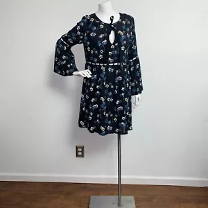 NWT Ella Moss Adara Dress Size M Black Floral Tie Neck Cutouts Bell Sleeve - Picture 1 of 9