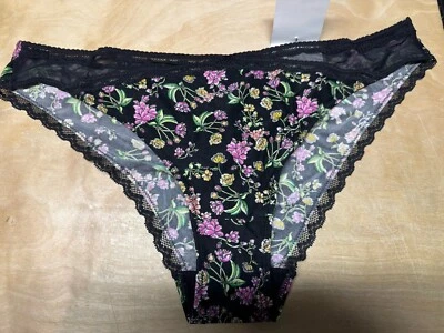 Maidenform Comfort Devotion 蕾丝背面 Tanga 内裤 - 黑色花卉 - 5 码 - 全新 — 第 1/2 张图片