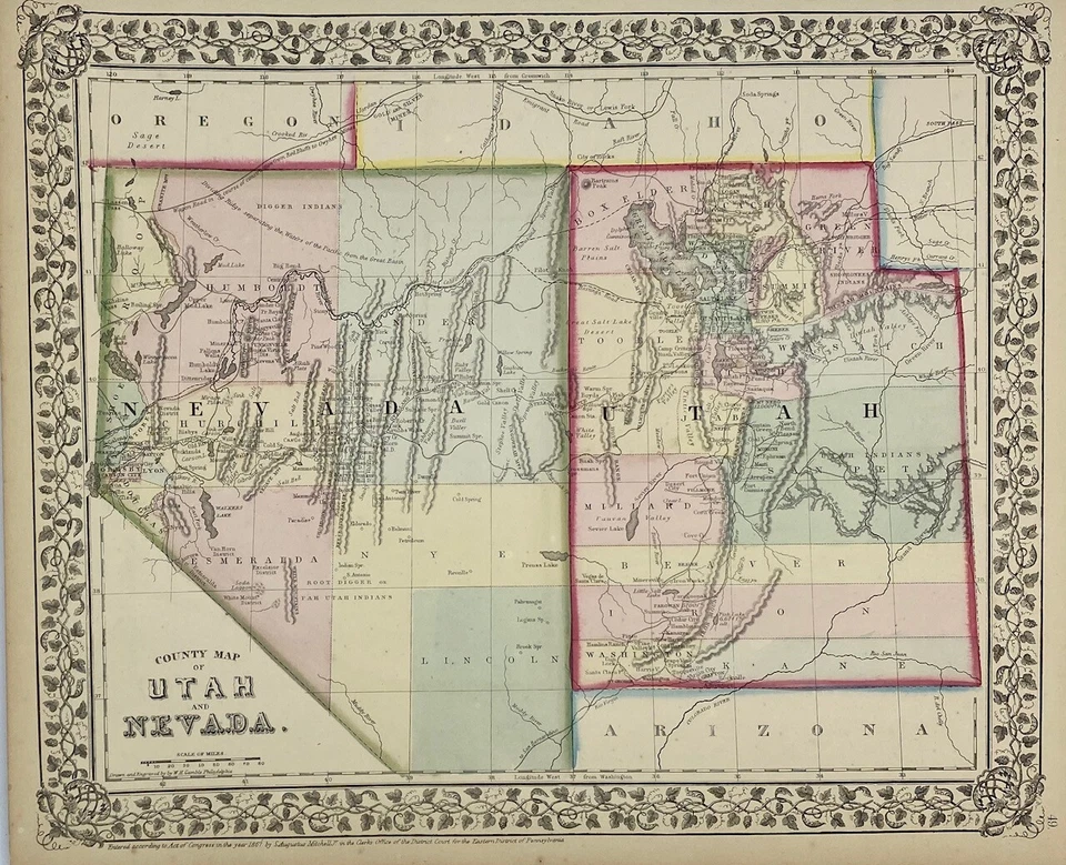 W H Gamble / Mapa del condado de Utah y Nevada 1867 Foto 1 de 1