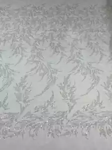 Leaf Plant Cluster Fabric - White - Beaded Embroidered Design Fabric By Yard - Picture 1 of 4