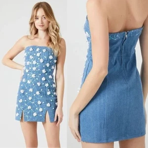 New Forever 21 Women Sequin Flower Denim Mini Tube Dress Size Small - Picture 1 of 4