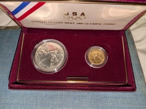 1988 OLYMPIC COIN U.S. Mint Uncirculated SET: $5 GOLD, $1 SILVER; w/Box & COA - Picture 1 of 12