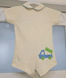 VTG 1960s Heircraft by Freitag Ivory Knit Embroidered Dump Truck Baby Romper LG - Picture 1 of 4