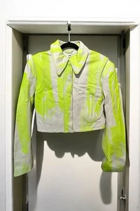 H&M Studio 2021 white lime neon abstract cropped splatter leather biker jacket M - Picture 1 of 19