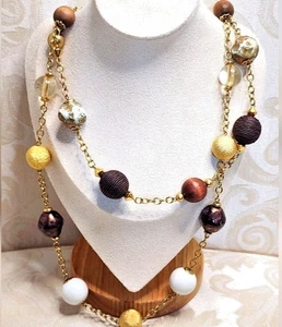 VINTAGE 80’S DOUBLE STRAND STATEMENT NECKLACE GOLD TONE MIXED BEADS PULL OVER - Picture 1 of 8