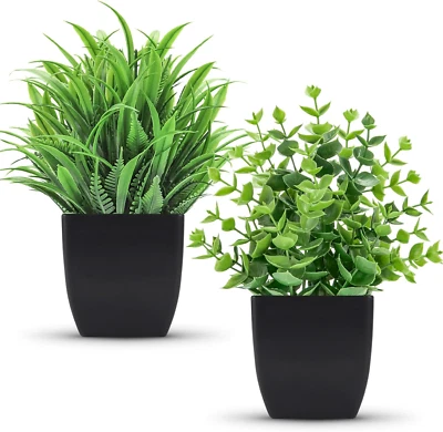 Paquete de 2 plantas falsas pequeñas plantas artificiales en maceta plantas de imitación negras baño Acc Foto 1 de 4