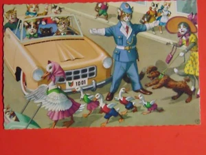 Alfred Mainzer 1960's Anthropomorphic CATS Police stop Traffic Post Card - Foto 1 di 2
