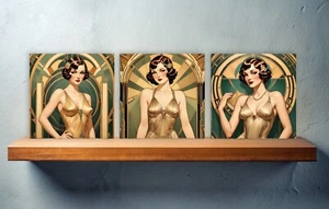 Azulejos de cerámica de diseño Art Deco - Juego de 3 azulejos de decoración de pared Art Deco, azulejos Art Deco - Imagen 1 de 5