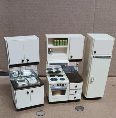 Vintage Lundby 1970's Dollhouse KITCHEN Stove Sink Refrigerator Table MCM extras - Image 1 of 4