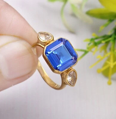 Cornflower Blue Sapphire Ring Asscher Ring Sapphire Gemstone Ring Christmas Gift - Image 1 of 4