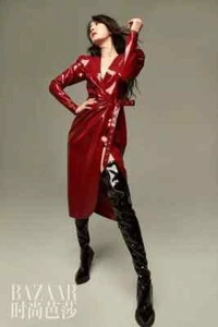 Women PVC RED PVC Vinyl Single Breasted Long Side Belted Trench Gothic Coat - Picture 1 of 6