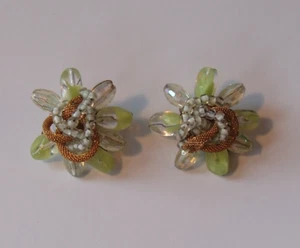Vintage Gold Tone Green Bead and Gold Mesh Strings Earrings, Clip-on Backs - Picture 1 of 2