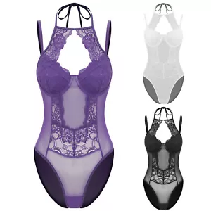 Women Leotard Sexy Jumpsuit Stretchy Bodysuit Tempting Unitards Hollow Out Lace - Picture 1 of 43