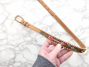 Vintage Beaded Leather Belt Genuine Cowhide Southwestern Style Hand Beaded 30 - Picture 1 of 14