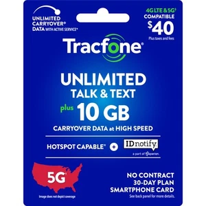 Tracfone $40 Unlimited Talk & Text+10 GB Data 30–Day Plan[Physical Delivery] - Afbeelding 1 van 5