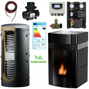 Woody Wassergeführter Pelletofen Komplettset 18 kW Keramik Schwarz Kaminofen - Bild 1 von 12