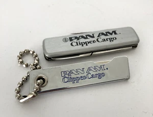 Lot 2 Pan Am Airlines Clipper Cargo Pocket Knife Blade Scissors File - Key Chain - Picture 1 of 9