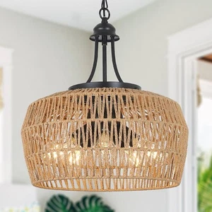HMVPL Large 18’ Farmhouse Chandelier, 5-Light Rattan Wicker Boho Light Fixture - Picture 1 of 5