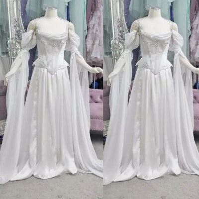 Vintage Medieval Wedding Dresses Off Shoulder Flared Sleeves Satin Bridal Gowns - Image 1 of 4
