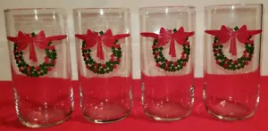 4 Bicchieri Natalizi Libbey Vetro Collezione Vacanze USA Corona con Fiocco Rosso, Vintage - Foto 1 di 5