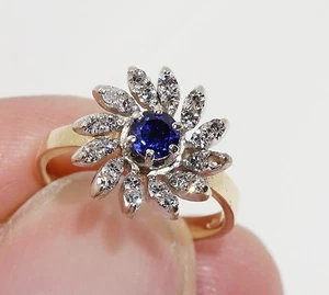 VINTAGE 14K YELLOW GOLD DIAMOND & SAPPHIRE FLORAL CLUSTER RING MOVADO 1/3 CTTW - Picture 1 of 11