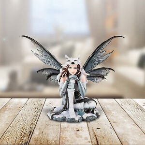 18"W White Fairy Sitting with Wolf Cap Statue Fantasy Figurine Room Decor