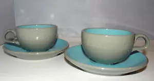 Juego de 2 tazas y platillos vintage Harkerware Stone China moteado azul niebla MCM - Imagen 1 de 10