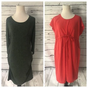 Lot of 2 Liz Lange Maternity Dresses Sz M 3/4 Green Body Con Coral Flowy 1 NWT - Picture 1 of 12