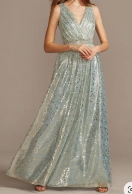 Vestido formal de novia David’s azul claro con lámina dorada talla 9 Foto 1 de 4