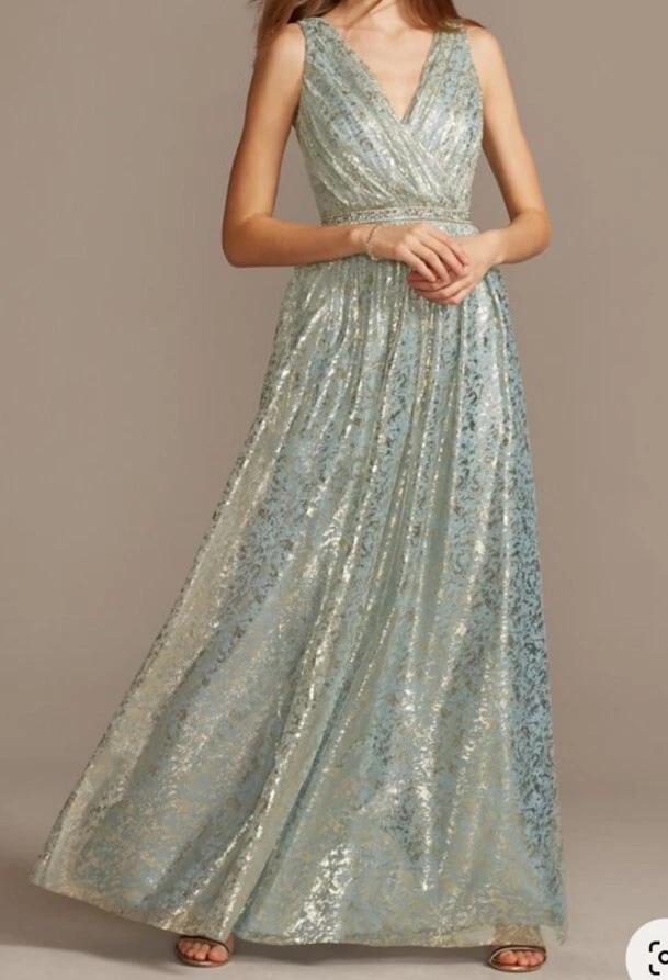 Свадебное официальное платье David's светло-голубое с золотой фольгой размер 9 - Изображение 1 из 4