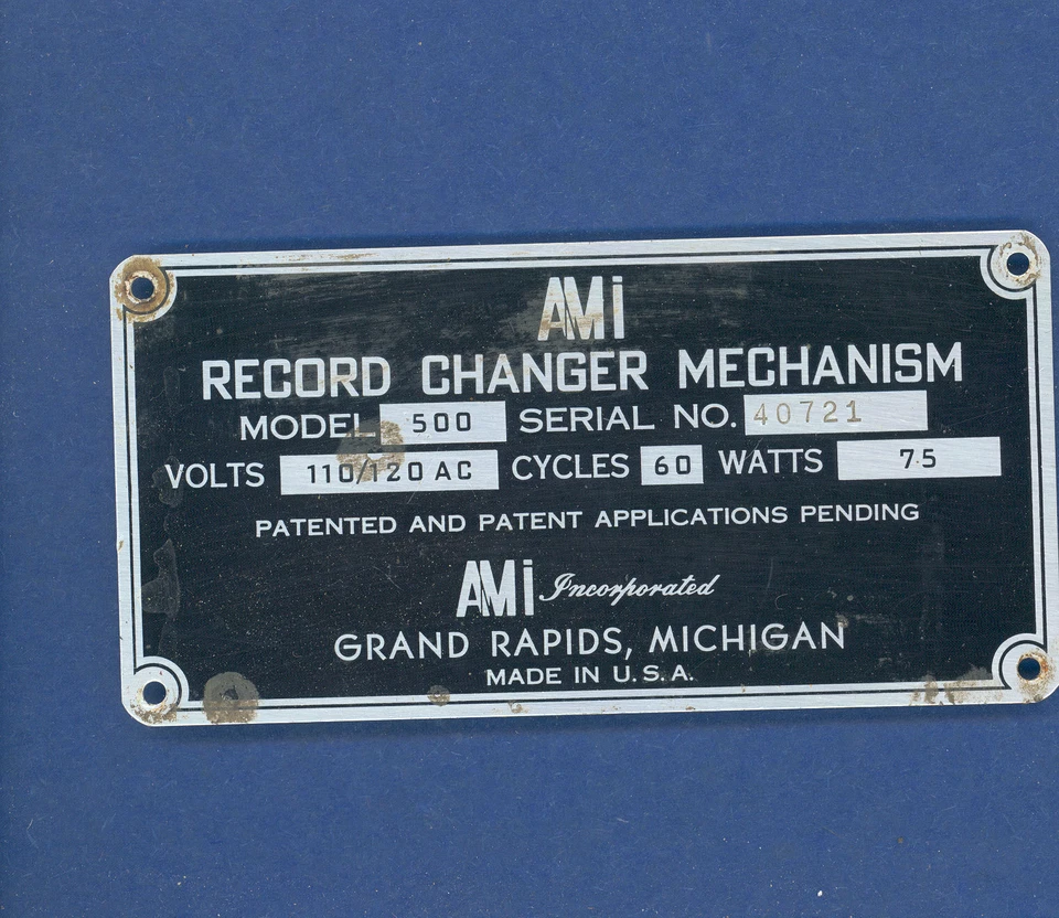 AMI B C D40 E40 Mechanism model 500 # 40721 serial number identification plate - Image 1 of 1
