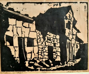 JACOB PINS, Woodblock Print, Old Houses, Signed, 1965, Limited Edition 14/35 - Picture 1 of 4