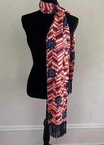 Vtg 60s Mod Fringe Scarf Abstract Floral Red White Blue Patriotic - Picture 1 of 5