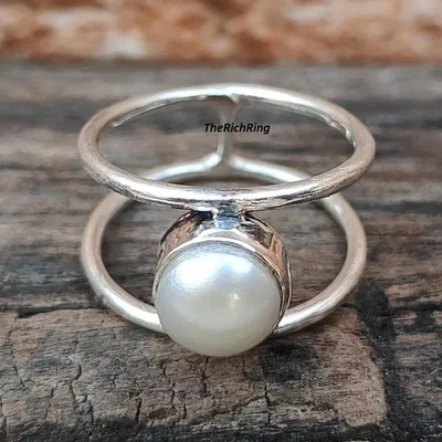 Pearl Sterling Silver Band Ring: Minimalist 925 Silver Jewelry Ring  , All Size - Image 1 of 4
