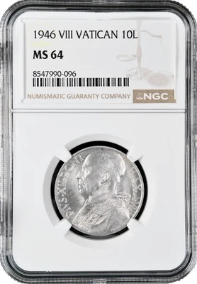 Vatican City 10 lire 1946, NGC MS64, "Pope Pius XII (1939 - 1958)" silver coin - Image 1 of 2