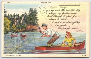 Vintage 1942 Curt Teich Fischerpaar Kanu See Postkarte S-492 - Bild 1 von 2