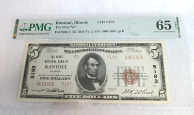 Charter#5193, $5, 1929 Type 2, Rantoul Illinois,  PMG/EPQ 65 - Image 1 of 2