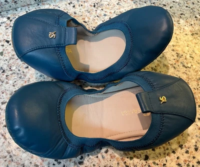 YOSI SAMRA YS GRÖSSE 9 TÜRKISBLAU FALTBARE BALLERINAS TANZ LOUNGE LEDER NEU - Bild 1 von 4