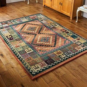 Large Gabbe h Tribal Rugs Multi Colour Rust Green & Blue Wool Look 200x285cm 51c - Picture 1 of 2