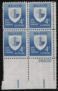 US Scott #1151, Plate Block #26632 1960 SEATO 4c FVF MNH Lower Right - Picture 1 of 1