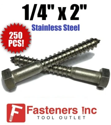 STAR (Qty 250) 1/4" x 2" Lag Screws Hex Head Stainless Steel 18-8 / 304