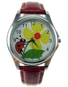 Marienkäfer Uhr rotes Kunstlederband gelbe Blume silbernes Gehäuse - Bild 1 von 1