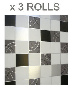 Dotty Tile Effect Wallpaper Washable Vinyl Kitchen Bathroom Black Silver 3 Rolls