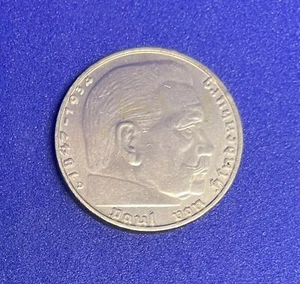 1938 D Deutsche 2 Reichsmark Münze, 2.WK, Von Hindenburg, Hakenkreuz, Silber - Bild 1 von 3