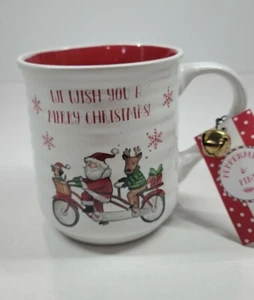 Taza de café grande de Navidad Santa en bicicleta tándem nueva 18 oz. Menta y pino  - Imagen 1 de 12